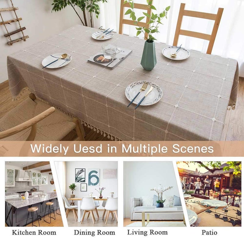 DEEPDREAM Deep Dream Tablecloths, Embroidered Waterproof Checkered Table Cloth Cotton Linen Wrinkle Free Anti-Fading Table Cover Decoration for Kitchen Dinning Party Christmas, 55 x 55 Inch - Light Brown - Image 4